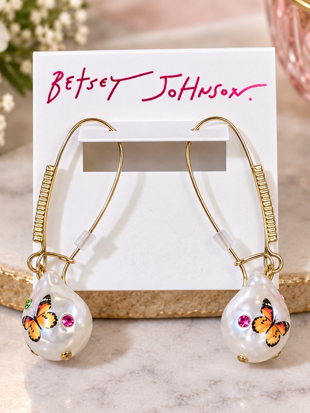 Betsey Johnson Gold-Tone Faux Pearl Butterfly Drop Earrings with Pink Accents